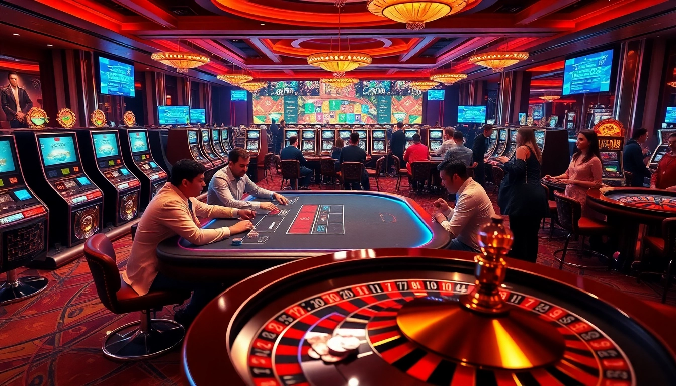 Engaging poker players at a luxurious rik vip casino, featuring vibrant slot machines and roulette.