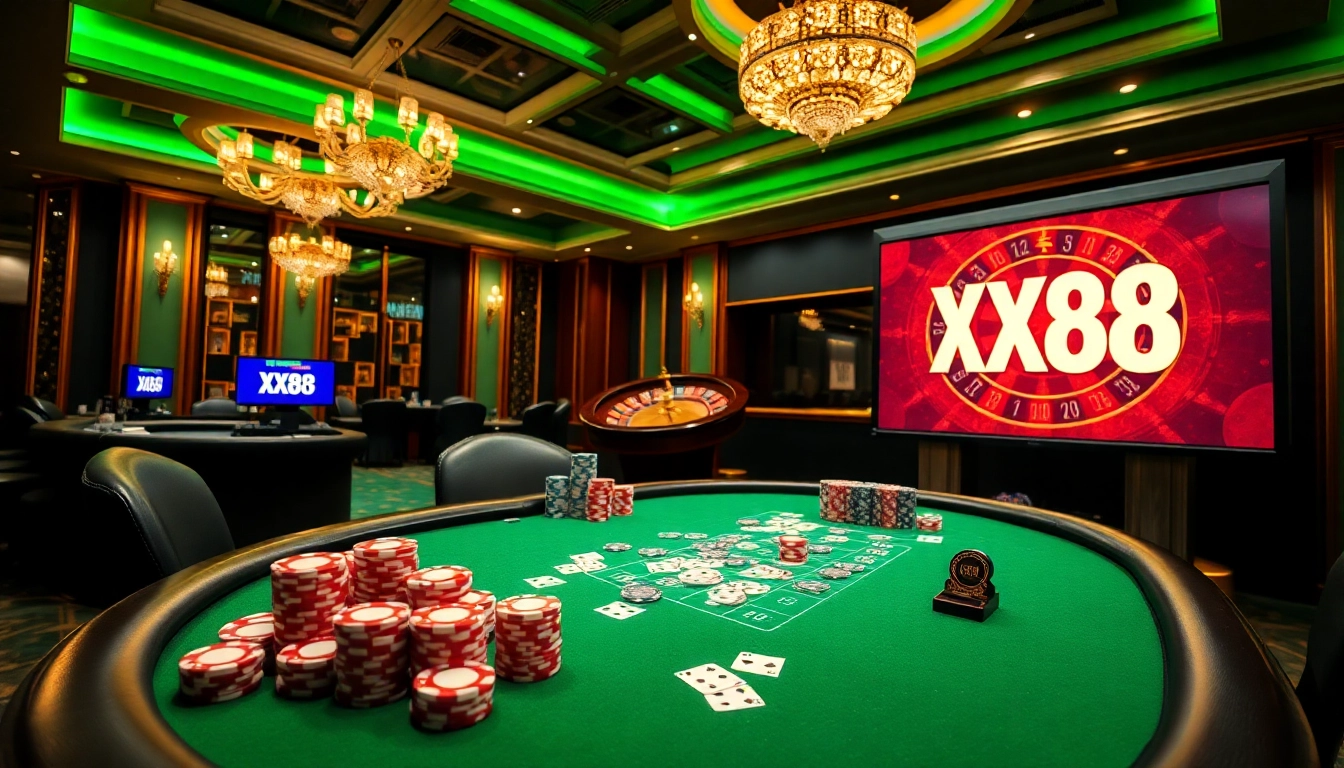 Players enjoying thrilling poker games at an elegant casino with XX88 betting interfaces.