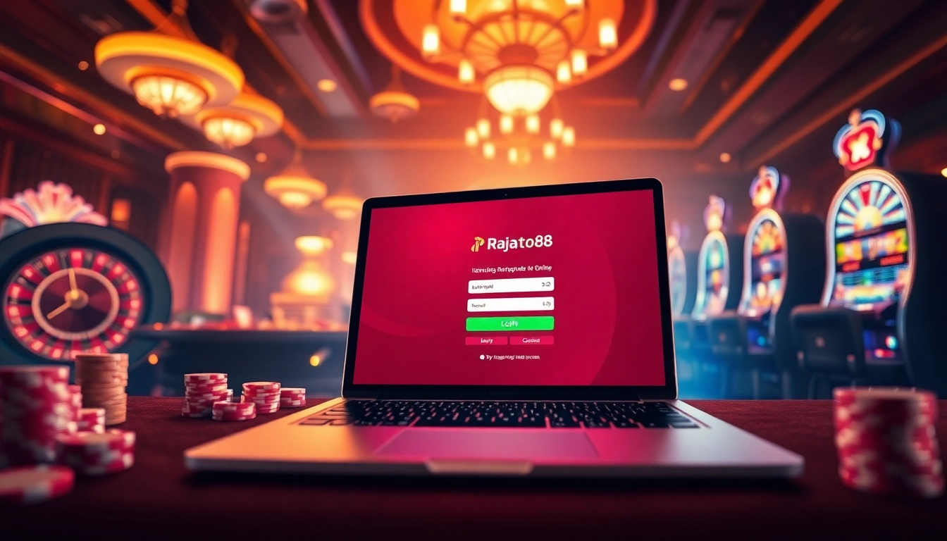 Join the action with login rajatoto88 at a luxurious online casino setup featuring poker chips and a roulette wheel.