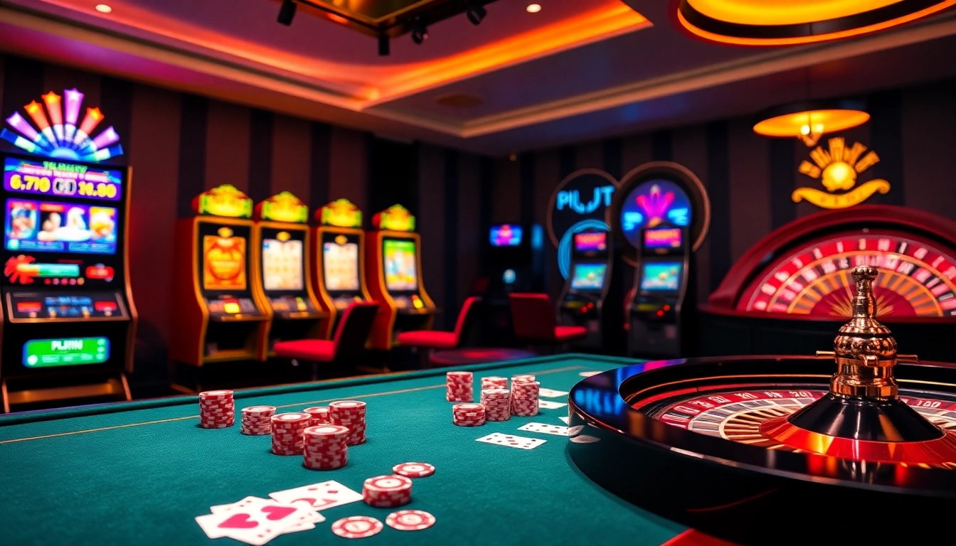 Exciting view of Nhà cái đá gà with casino elements like poker chips and slot machines.