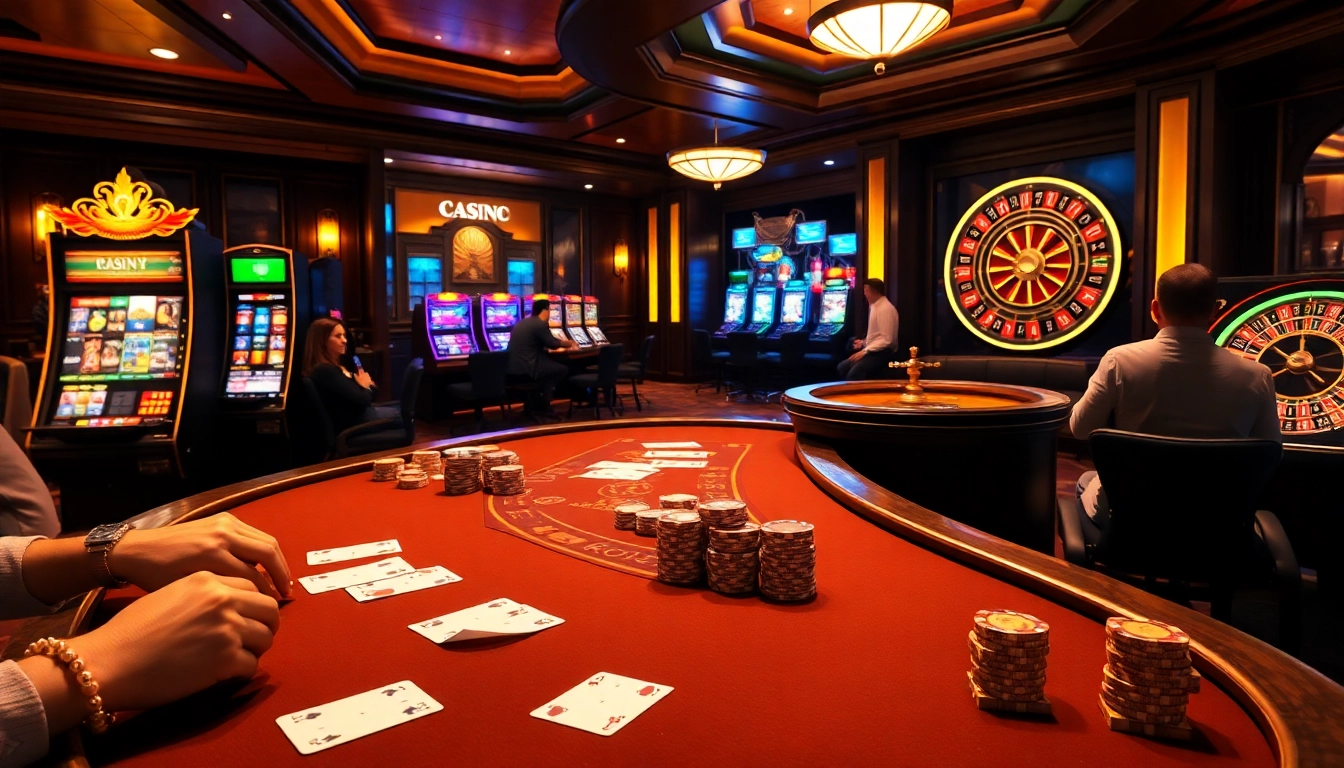 Experience excitement at https://luck8r1.com with vibrant casino scenes showcasing poker and slot games.