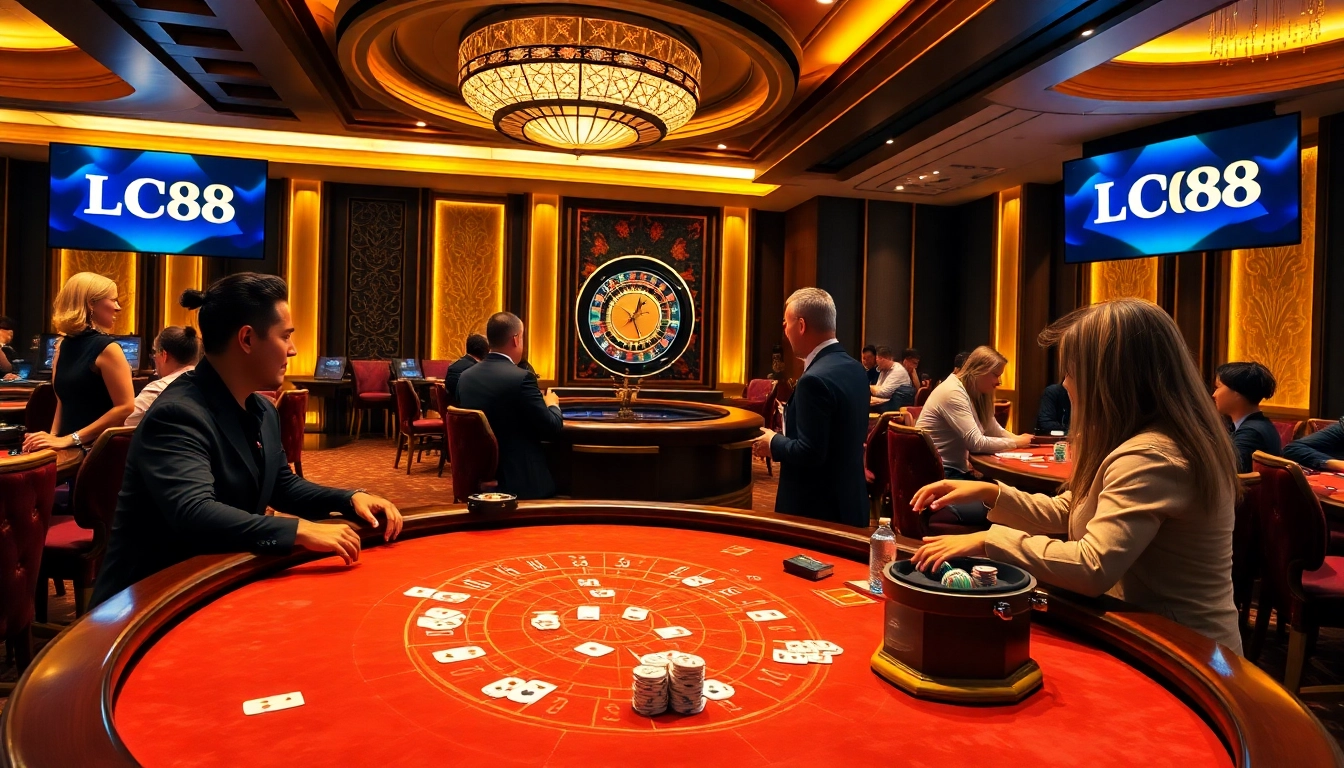 Players enjoying high-stakes games at LC88 casino with Baccarat and roulette tables.
