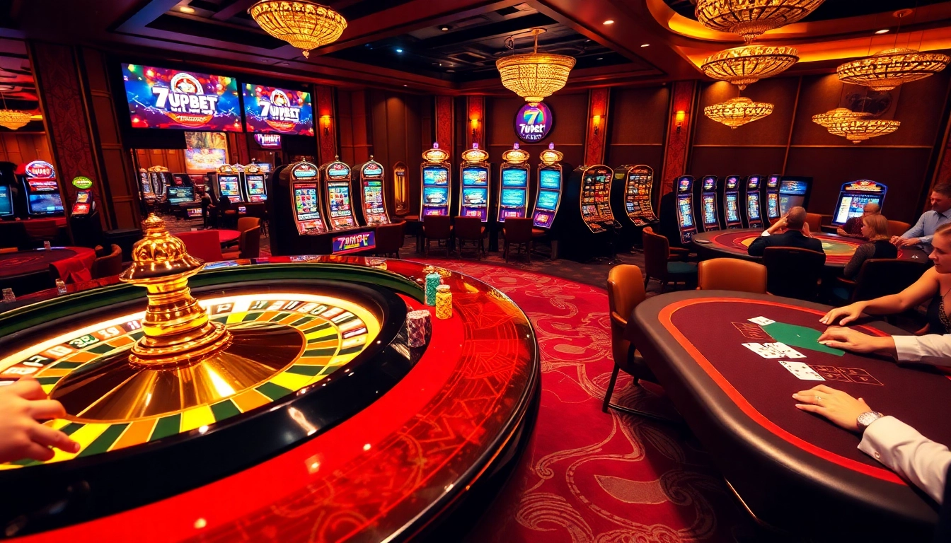 Experience thrilling gaming action at 7upbet's roulette and poker tables in a vibrant casino.