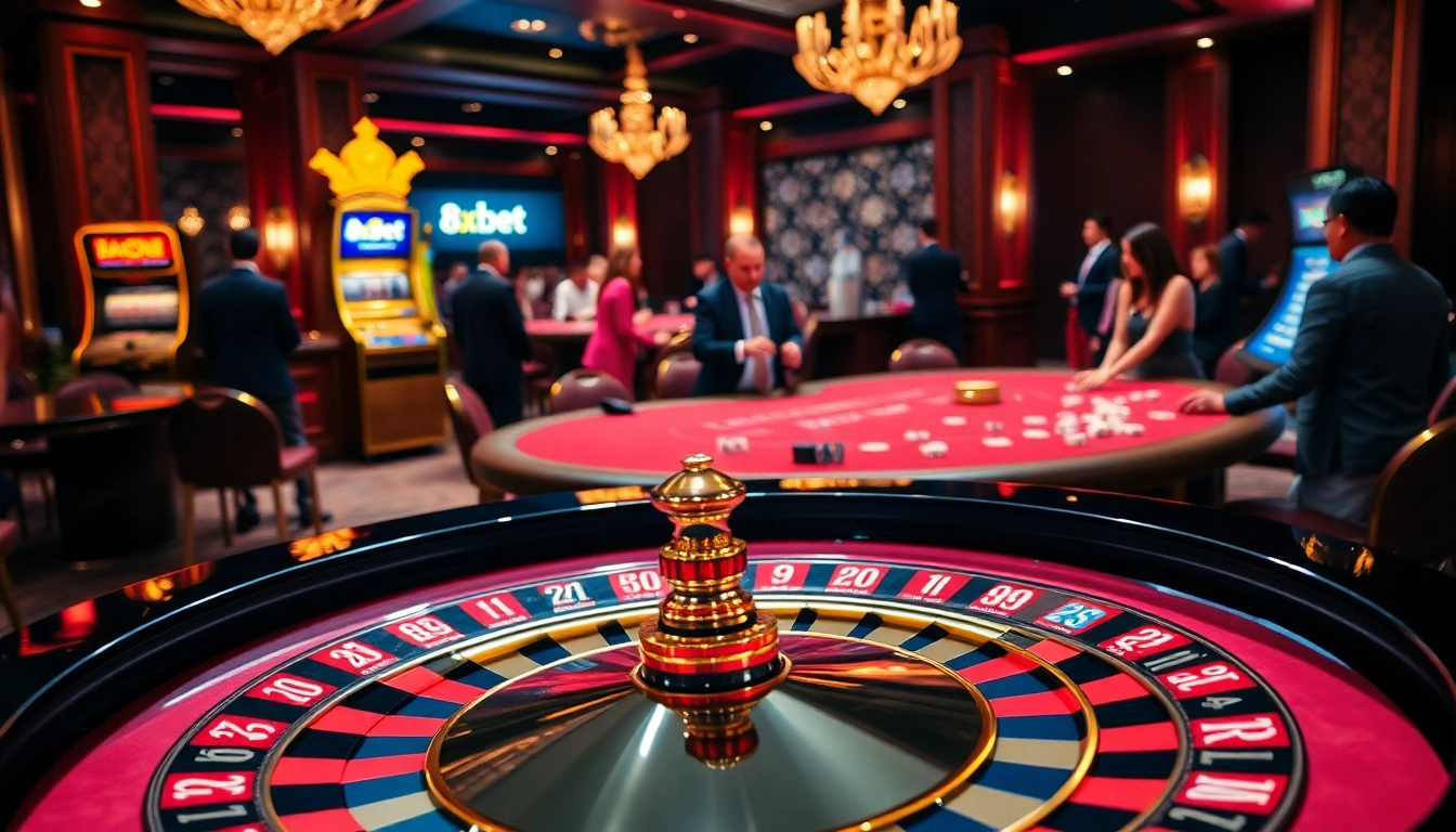 Players enjoying a thrilling game at the 8xbet casino with vibrant tables and chips.