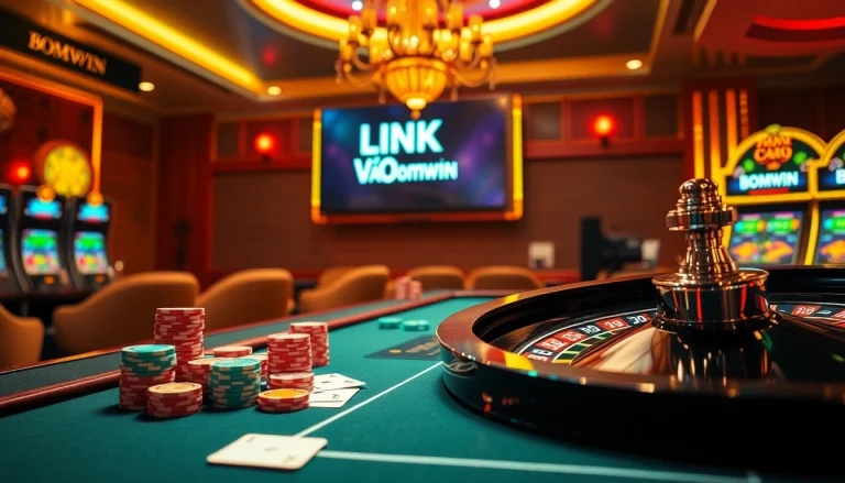 Experience high-stakes gaming with LINK VÀO Bomwin showcased in a luxurious casino scene.