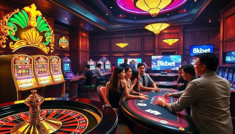 Experience thrilling wins at 8kbet with exciting casino games, illuminated roulette, and colorful slot machines.