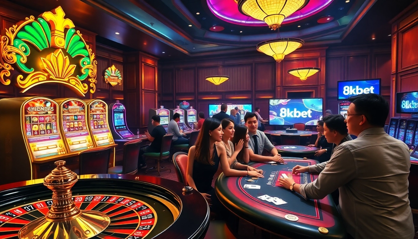 Experience thrilling wins at 8kbet with exciting casino games, illuminated roulette, and colorful slot machines.