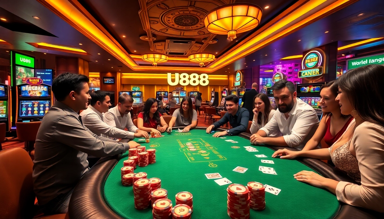 Exciting gameplay at U888 with poker chips and vibrant casino lights.