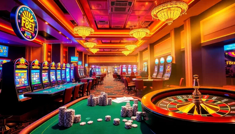 Experience the thrilling excitement of gambling at F8bet's vibrant casino tables with poker chips and roulette wheels.