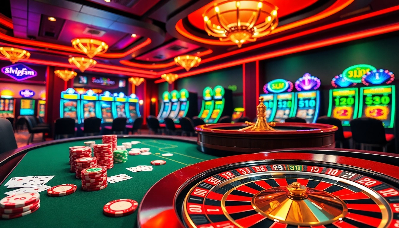 Experience the thrilling atmosphere of slvip1.com.ph with luxurious casino elements like poker chips and roulette wheels.