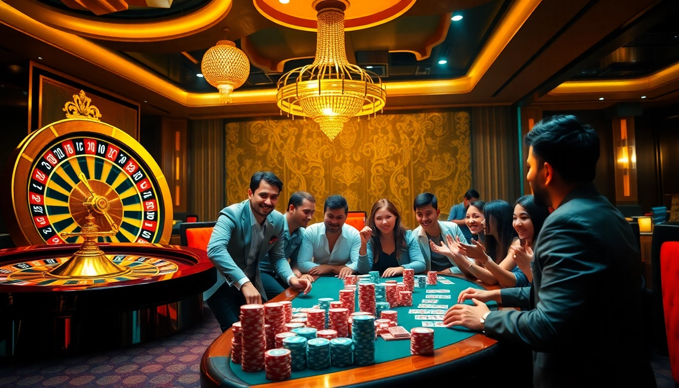 Glimpse of a vibrant casino scene at https://pg88us.com/ showcasing a roulette wheel and joyful gamblers celebrating their wins.