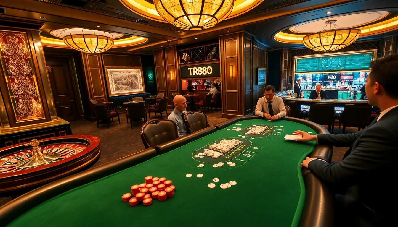 Engaging scene of casino players at a TR88 poker table enjoying high-stakes betting with vibrant ambiance.