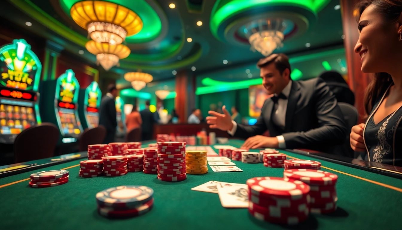 Pahala4d players enjoying a thrilling game at a luxurious casino table with vibrant poker chips.