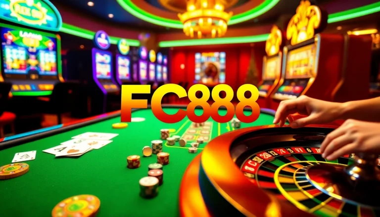 FC88 casino table showing vibrant cards, chips, and lively roulette wheel.
