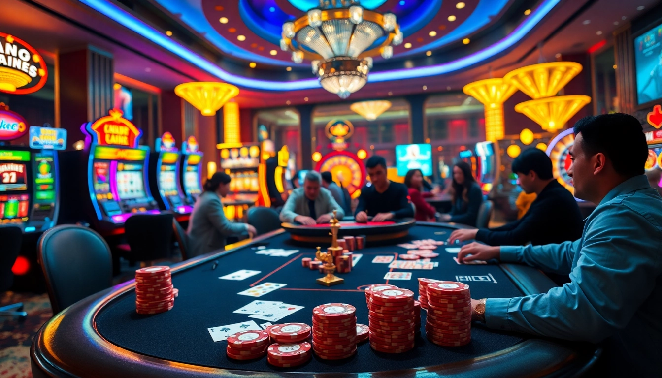 A vibrant poker scene with players and chips representing https://xin8820.me/ casino excitement for gamblers.