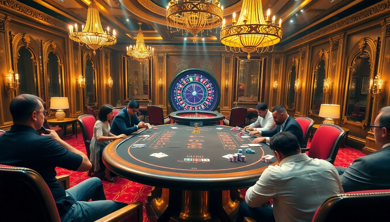 Players engaging in high-stakes poker at an MMOO casino, showcasing excitement and elegance.