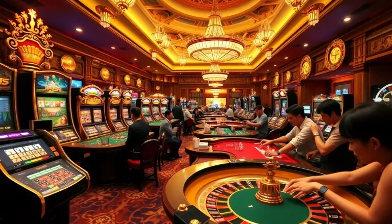 Gambling action at https://tt88.jpn.com/ showcasing vibrant casino tables, exciting players, and dynamic slot machines.