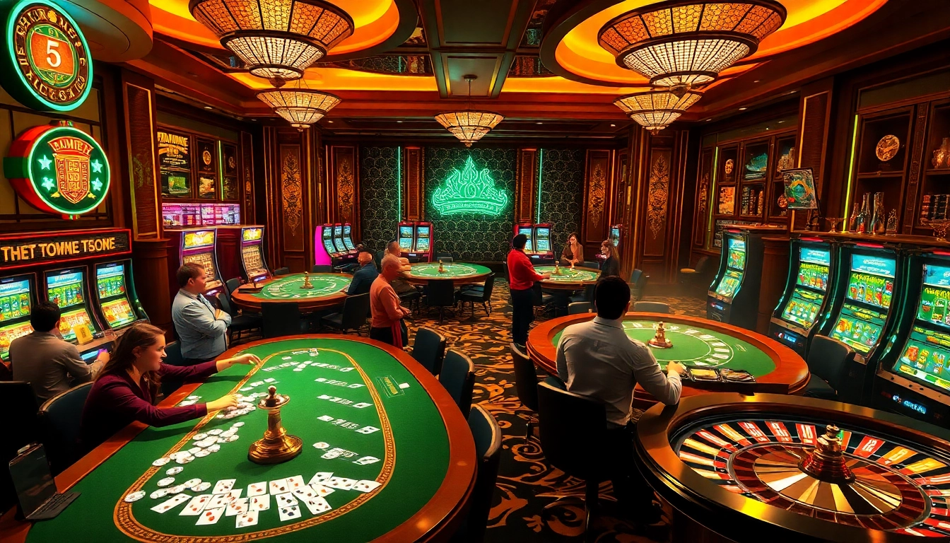 Players enjoying F168-themed casino games surrounded by vibrant slot machines and roulette.