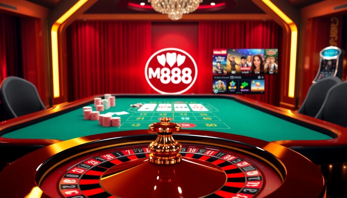 Experience thrilling gameplay at Man88's luxurious online casino scene with vibrant poker chips and game tables.