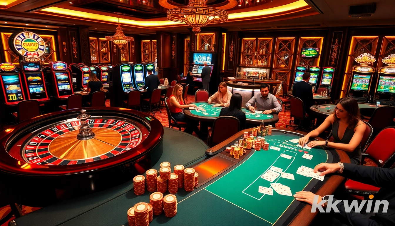 Experience a thrilling kkwin casino atmosphere with poker tables and roulette wheels.