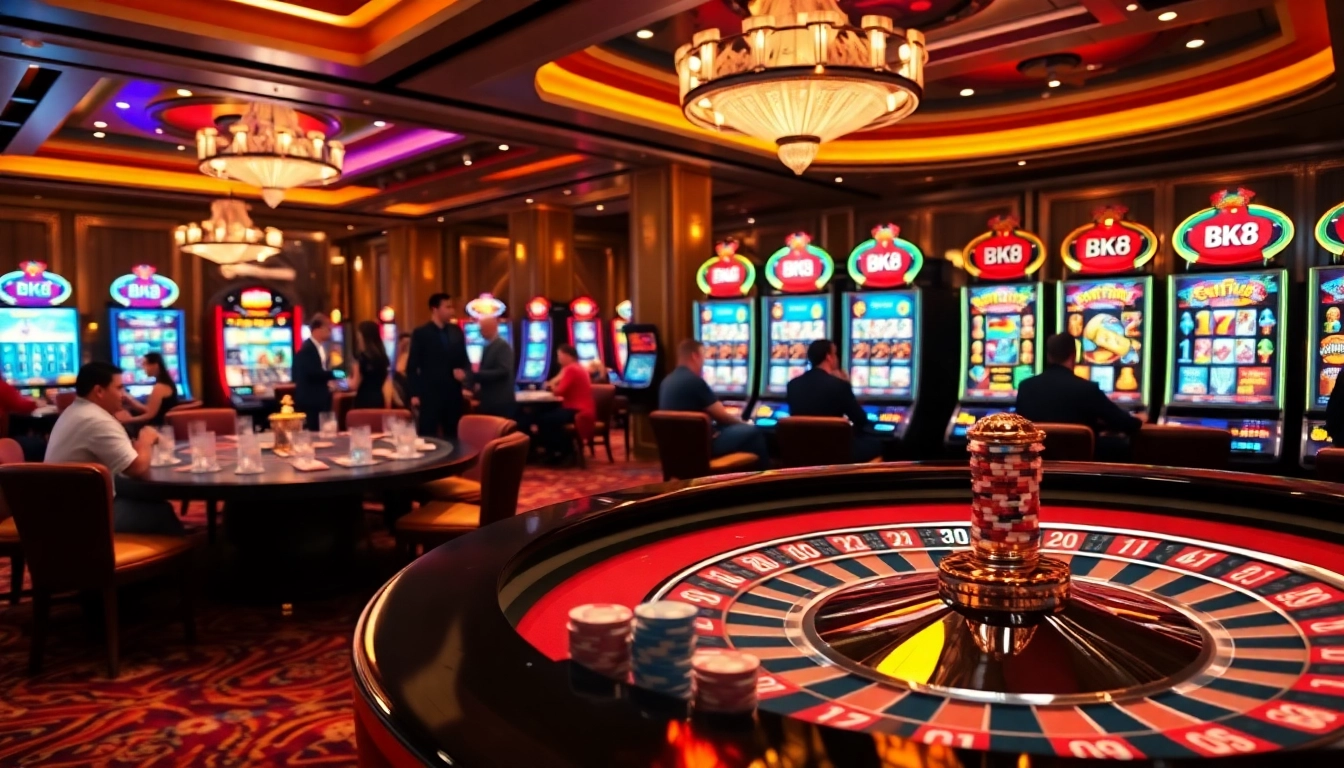 Exciting players engaging in casino games at BK8 with vibrant roulette and slot machines.