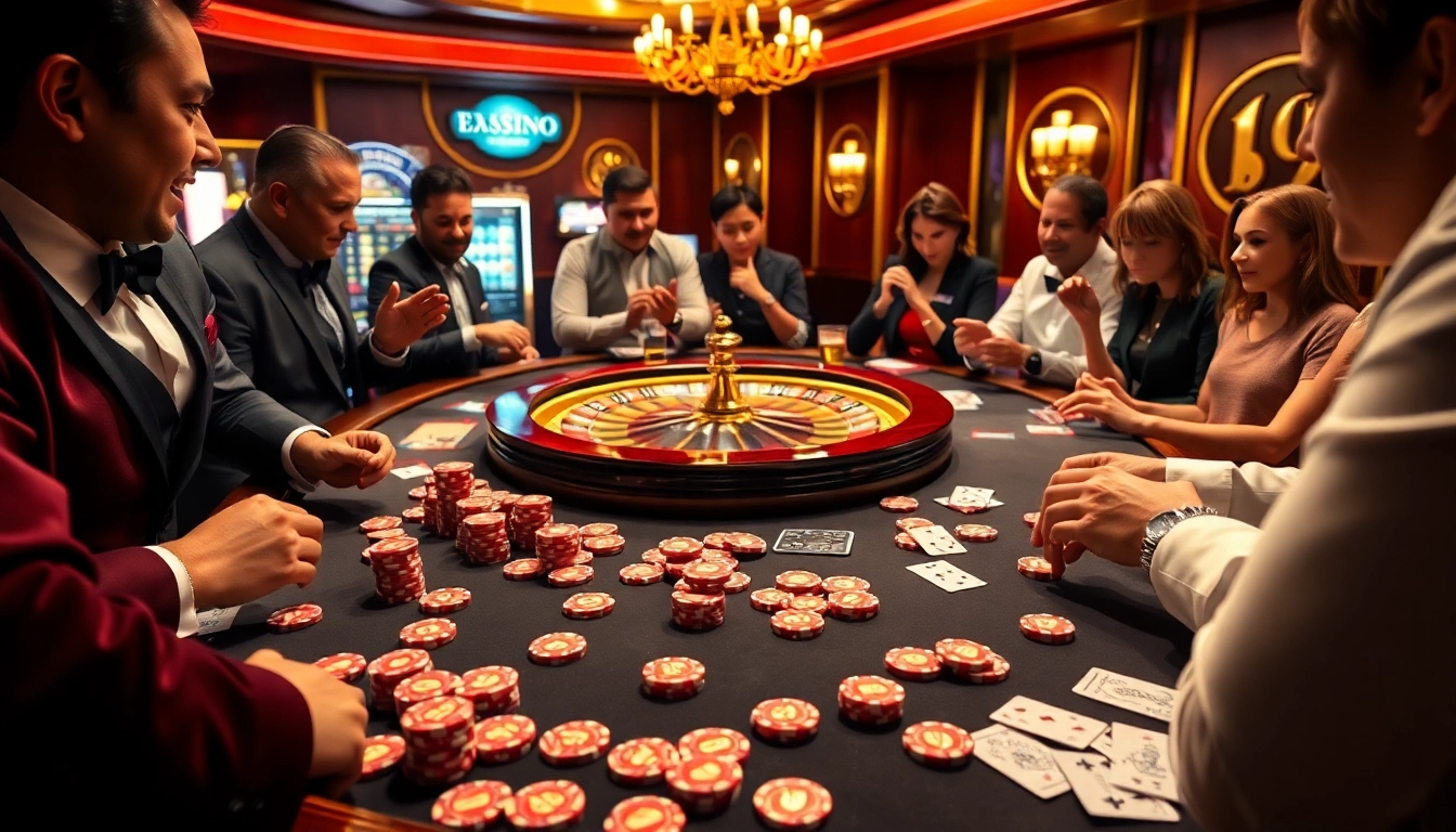 Experience thrilling gaming at BJ38's vibrant casino with elegant tables and excited players.