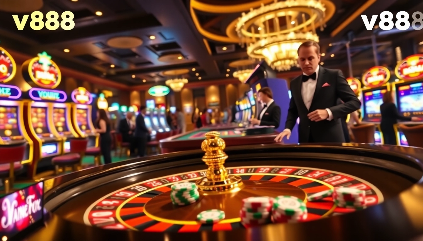 Experience the excitement of vn88 at a luxurious casino with roulette and poker chips.