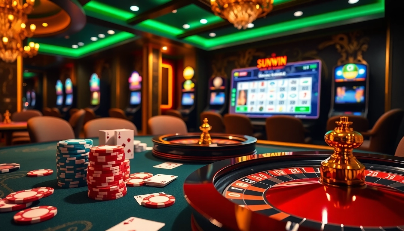 Excitement at Sunwin casino with poker chips and vibrant online gaming interface.