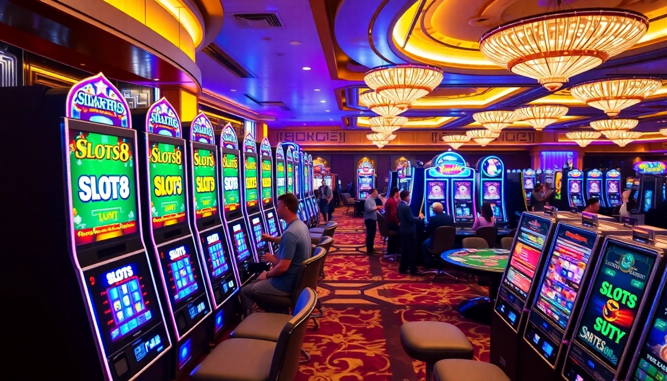Players experiencing the thrilling SLOTS8 slot machines at a luxurious casino.