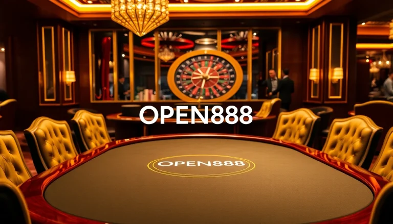 Exciting poker game at OPEN88 casino with chips and illuminated roulette wheel.
