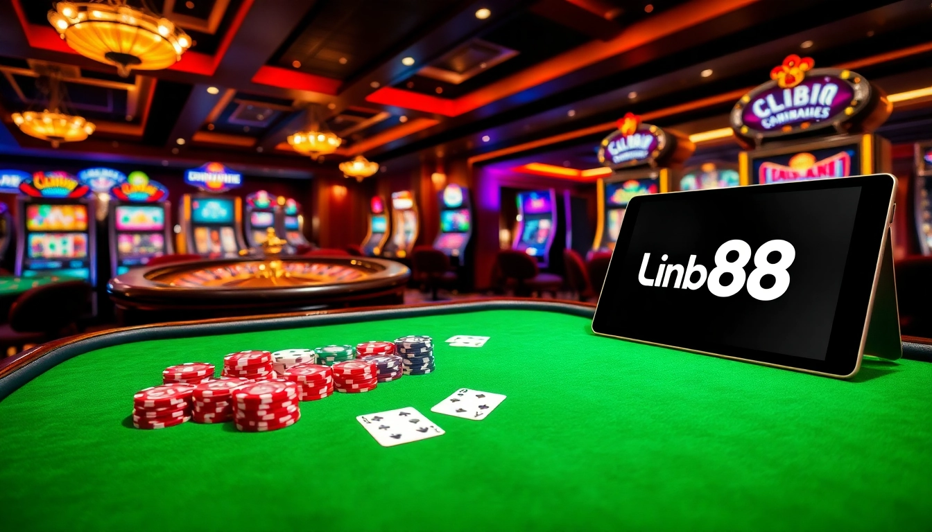 Engage with thrilling casino action, featuring Link Go88 logo on a tablet amidst vibrant gambling elements.