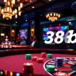 Engaged gamblers at a table in a vibrant casino scene showcasing 388bet gaming excitement.