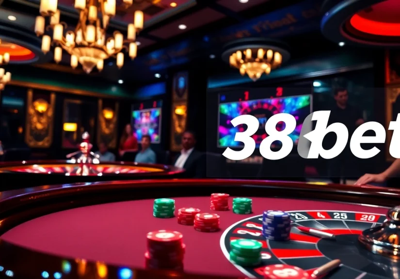 Engaged gamblers at a table in a vibrant casino scene showcasing 388bet gaming excitement.