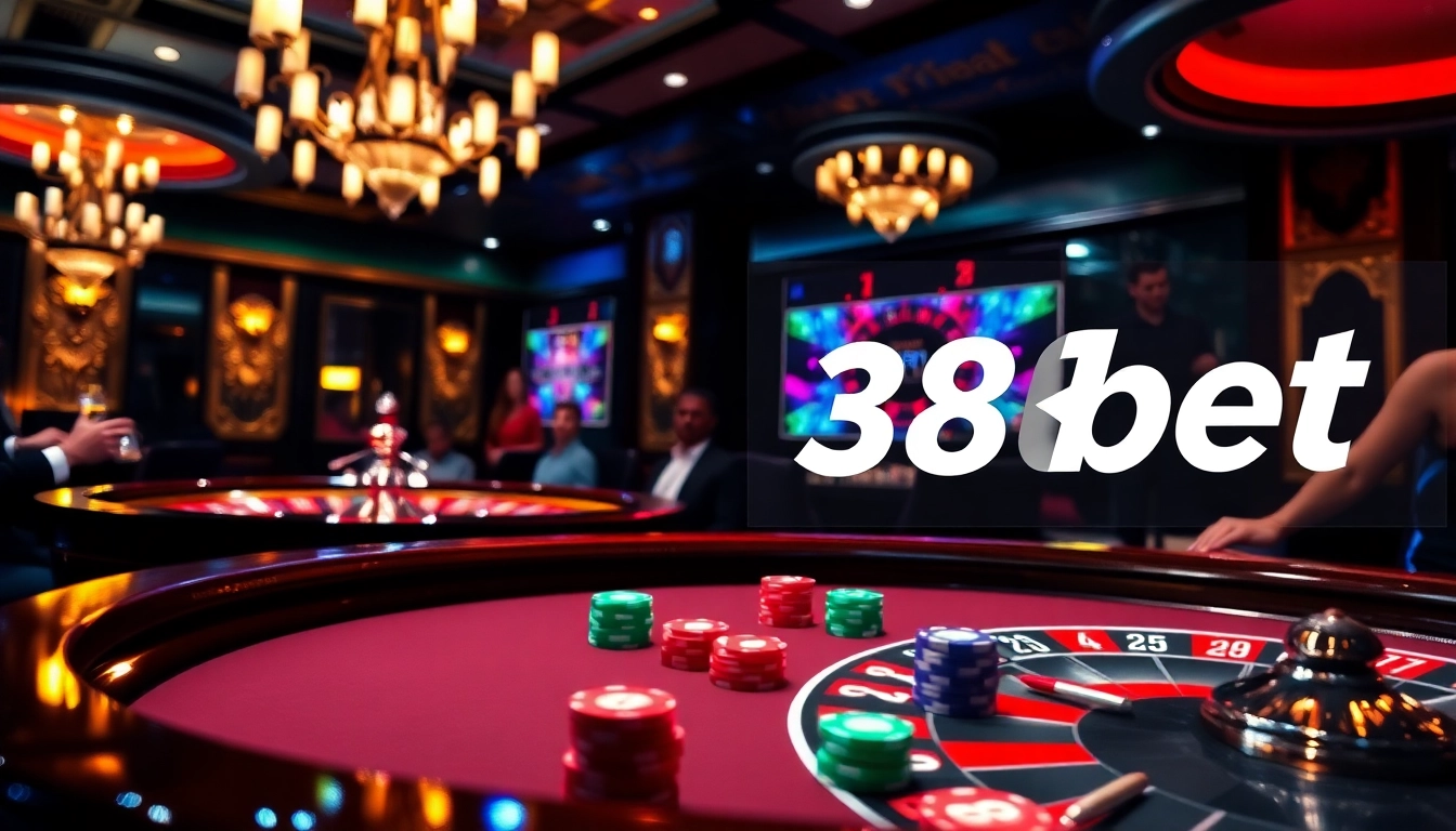 Engaged gamblers at a table in a vibrant casino scene showcasing 388bet gaming excitement.
