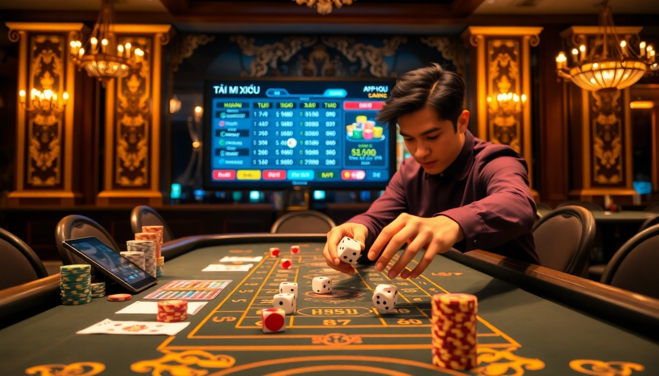 Experience the thrill of app tài xỉu online with an exciting casino scene filled with dice and poker chips.