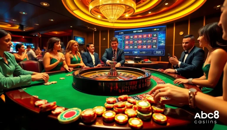 ABC8 casino players engaging in thrilling roulette bets at a luxurious table.