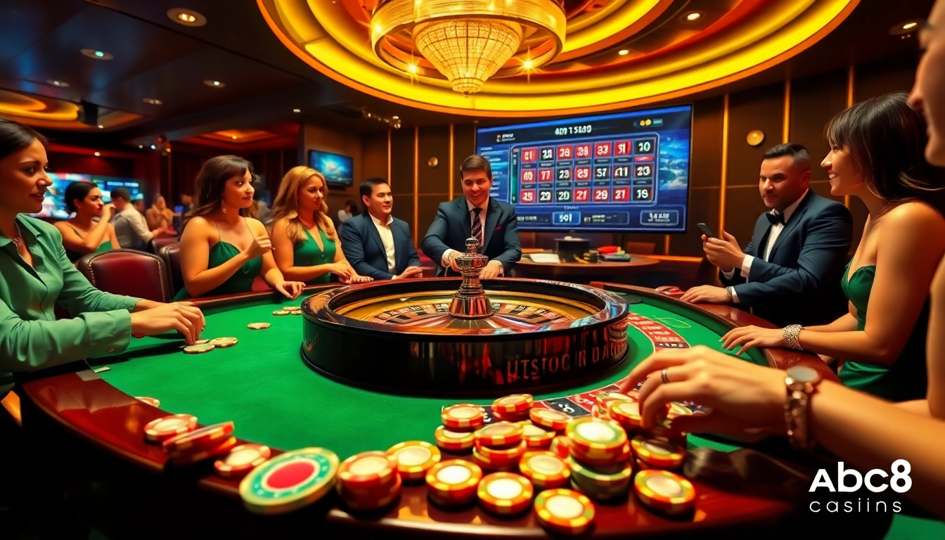 ABC8 casino players engaging in thrilling roulette bets at a luxurious table.
