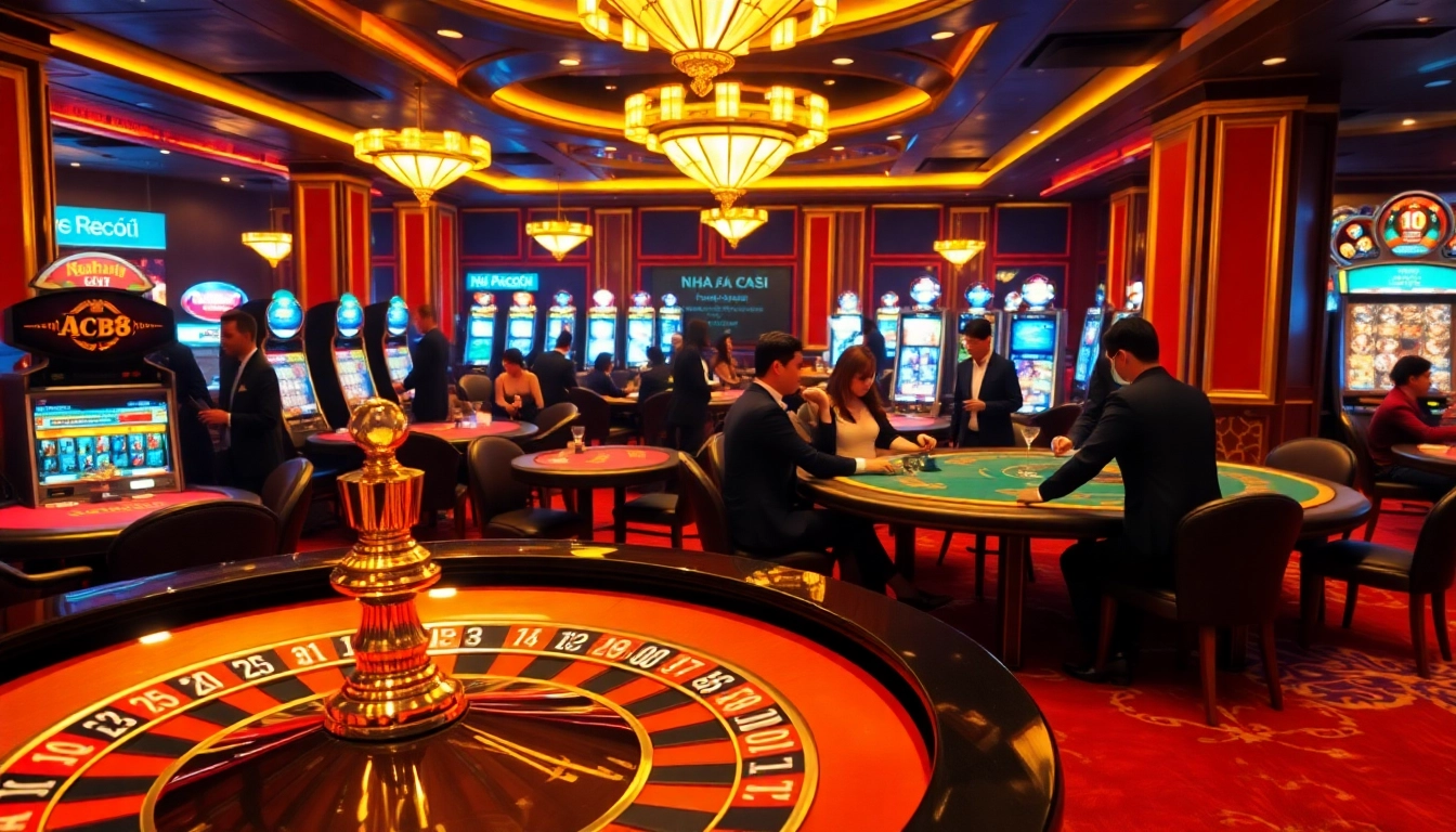 Engaging scene at a luxurious casino highlighting gambling excitement at Nhà cái ABC8 with roulette and poker tables.