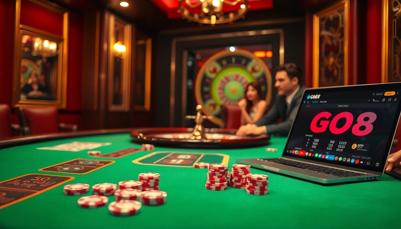 GO8 players enjoying an upscale casino experience around a poker table with vibrant chips.