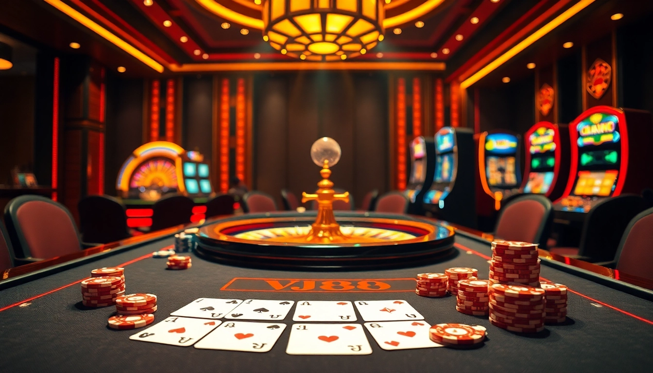 Players enjoying a lively VJ88 casino experience at a luxurious gaming table.