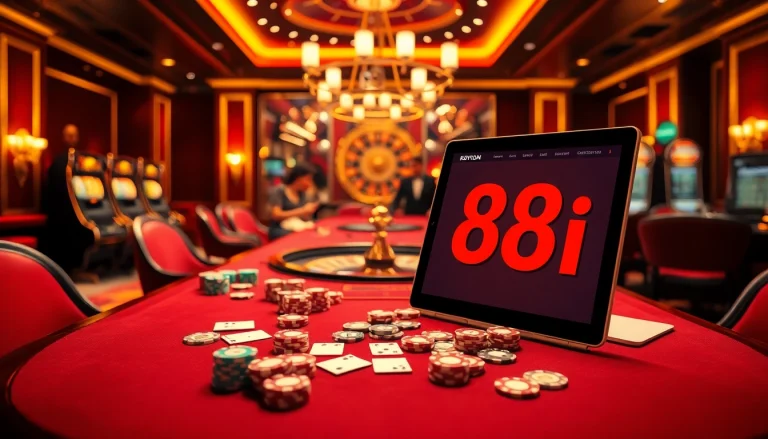 Experience the thrill of winning at 88i with poker chips and cards on a luxurious casino table.