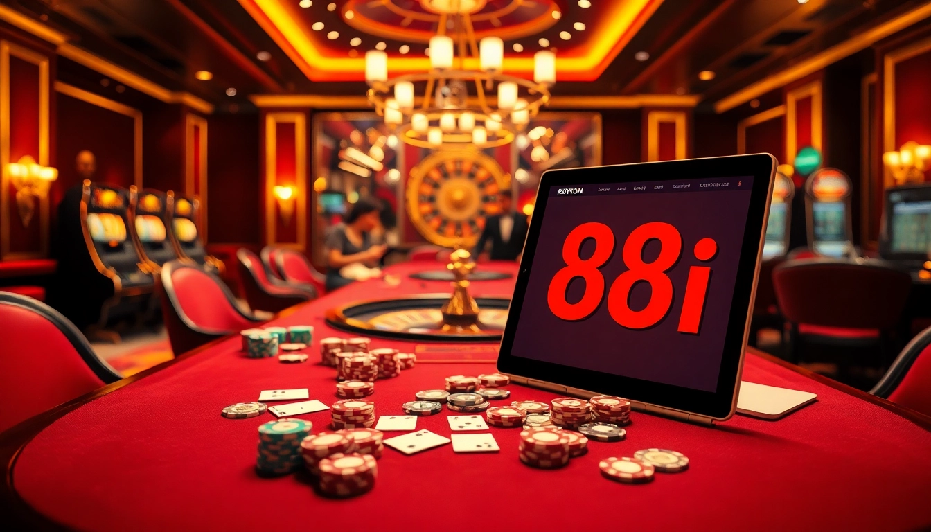 Experience the thrill of winning at 88i with poker chips and cards on a luxurious casino table.