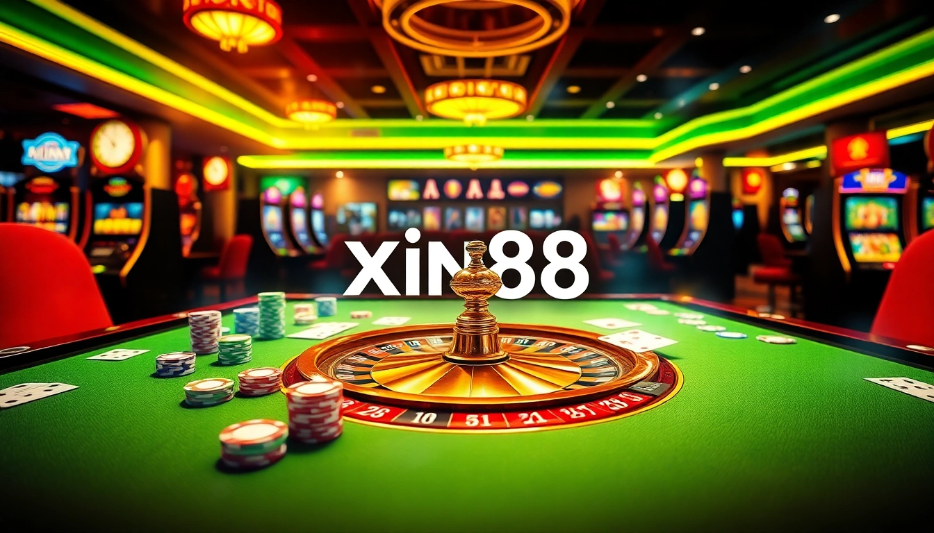 Experience the thrill of Xin88 with vibrant casino games, poker chips, and roulette wheels.