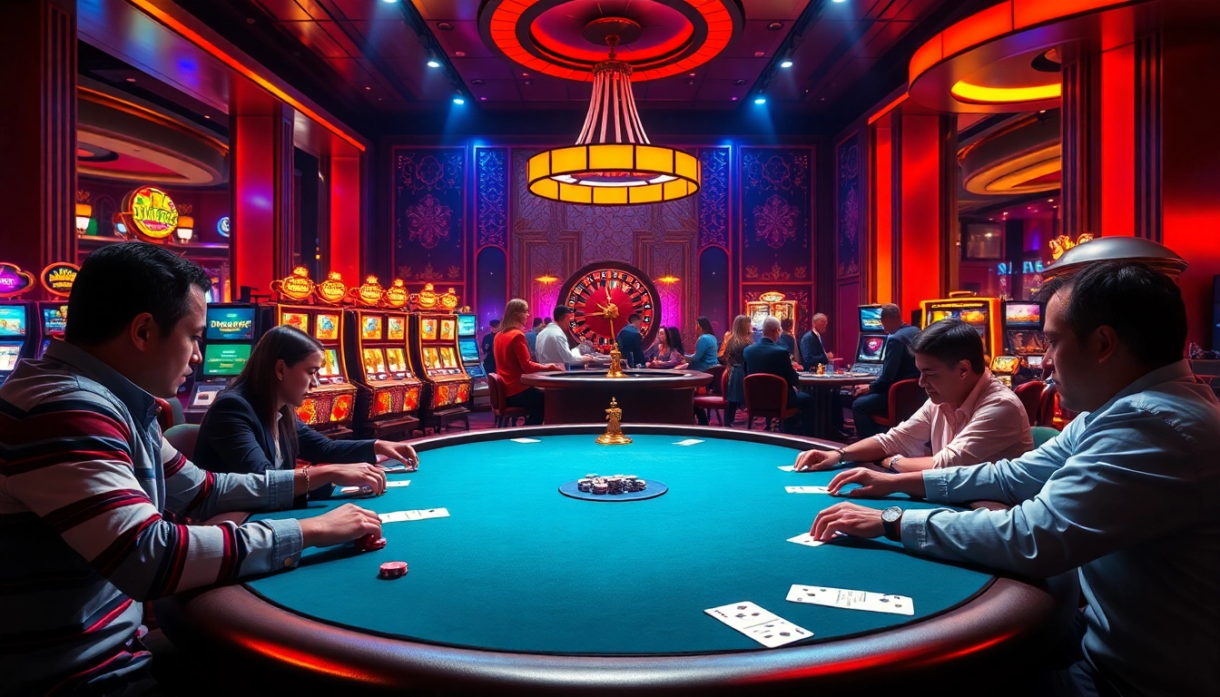Engaged gamblers placing bets at a high-stakes poker table in the vibrant 789p casino environment.
