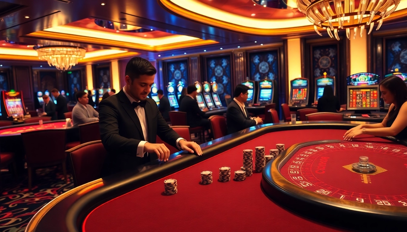 Experience luxury and excitement at mb66 casino with professional gaming tables and vibrant slot machines.