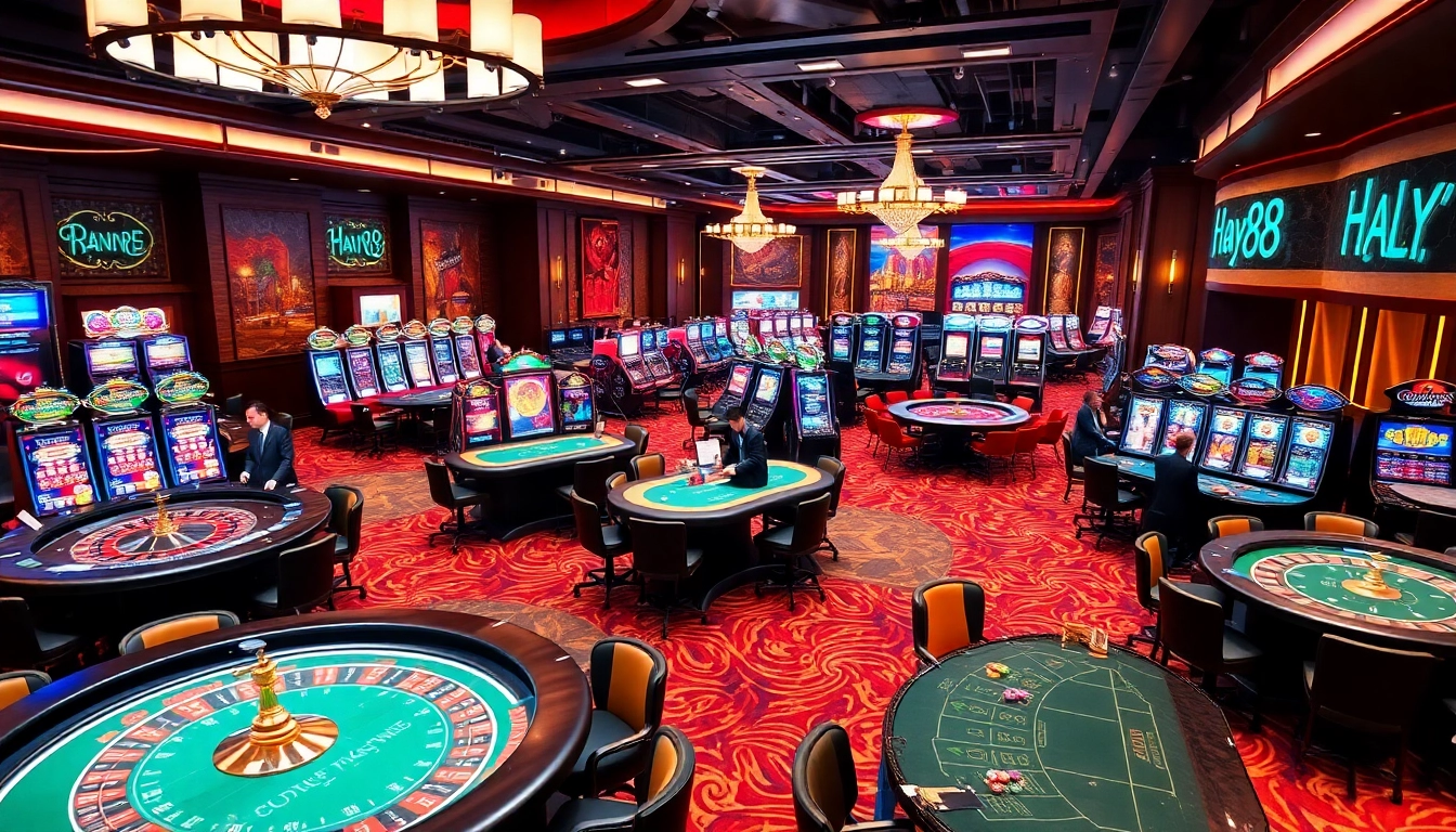 Experience thrilling gaming action at hay88 with a vibrant casino scene showcasing exciting table games and slot machines.