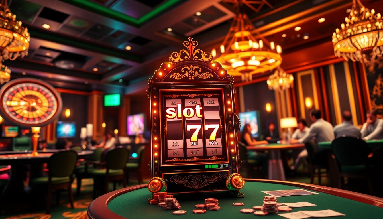 Spin the vibrant slot777 machine in a luxurious casino filled with excitement and high stakes gambling.