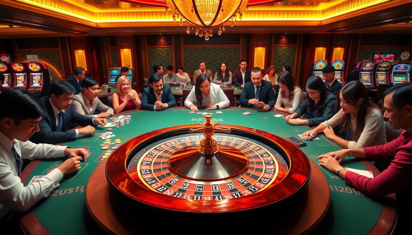 Players enjoying an exciting casino atmosphere at RR88 with roulette and poker tables.