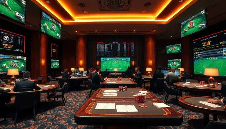 Exciting scene ofแทงบอล betting with gamblers at a luxurious casino sports betting area.