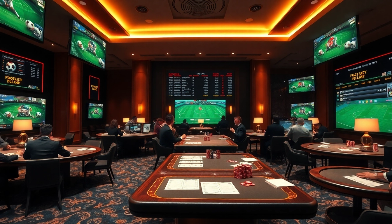 Exciting scene ofแทงบอล betting with gamblers at a luxurious casino sports betting area.